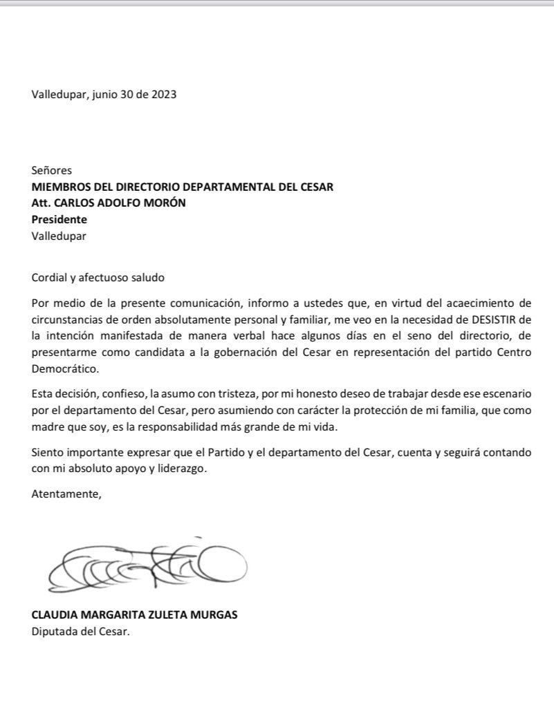 Carta de renuncia de Claudia Margarita Zuleta a su candidatura a la gobernación de Cesar