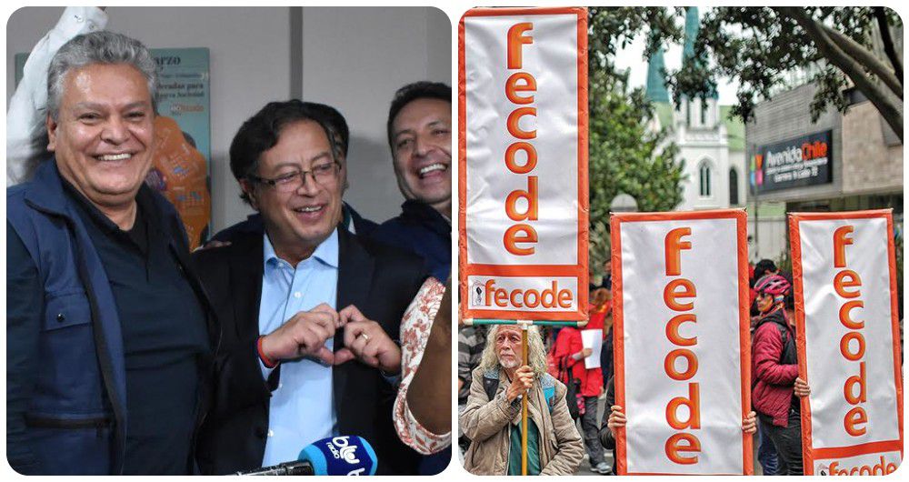 En la izquierda: Gustavo Petro con los directivos de Fecode que le autorizaron 500 millones para su campaña presidencial. A la derecha: las movilizaciones de Fecode. (Foto: Archivo).