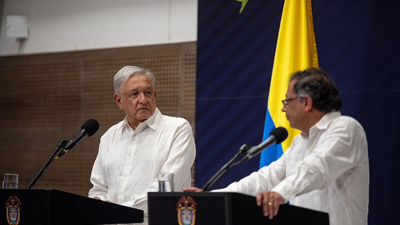 Andres Manuel Lopez Obrador, Mexico's president, left, and Gustavo Petro, Colombia's president, attend a joint press conference during the Latin American Conference on Drugs in Cali, Colombia, on Saturday, Sept. 9, 2023. AMLO met with his counterpart Petro in Colombia at the start of a two-day state visit, where the leaders discussed drug trafficking and social programs. Photographer: Jair F. Coll/Bloomberg via Getty Images