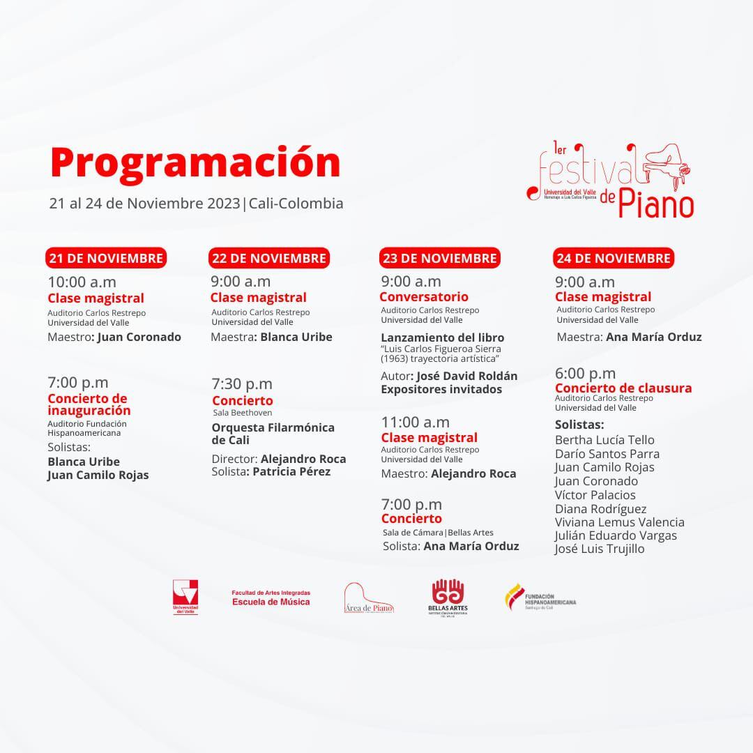 Programación I Festival de Piano, homenaje a Luis Carlos Figueroa. Universidad del Valle.
