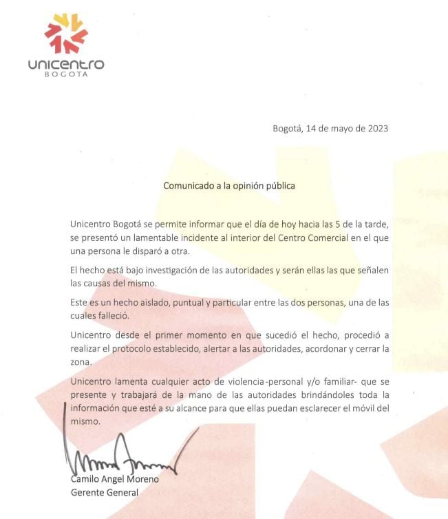 Este es el comunicado emitido por las directivas del centro comercial Unicentro Bogotá con respecto al atentado a una mujer en este lugar.