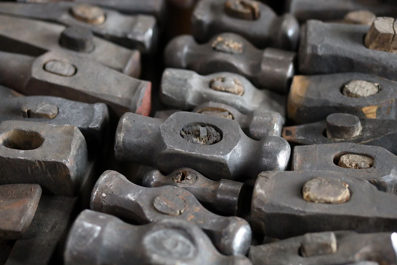 25 March 2022, Saxony-Anhalt, Wernigerode: Blacksmith's hammers lie in the Atelierschmiede at the train station. Wolf-Dieter Wittig's metalworking store is one of a total of 12 institutions opening their premises as part of the Museum Spring. Photo: Matthias Bein/dpa-Zentralbild/ZB (Photo by Matthias Bein/picture alliance via Getty Images)