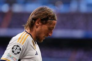 Luka Modric reacciona a una ocasión perdida por el Real Madrid.