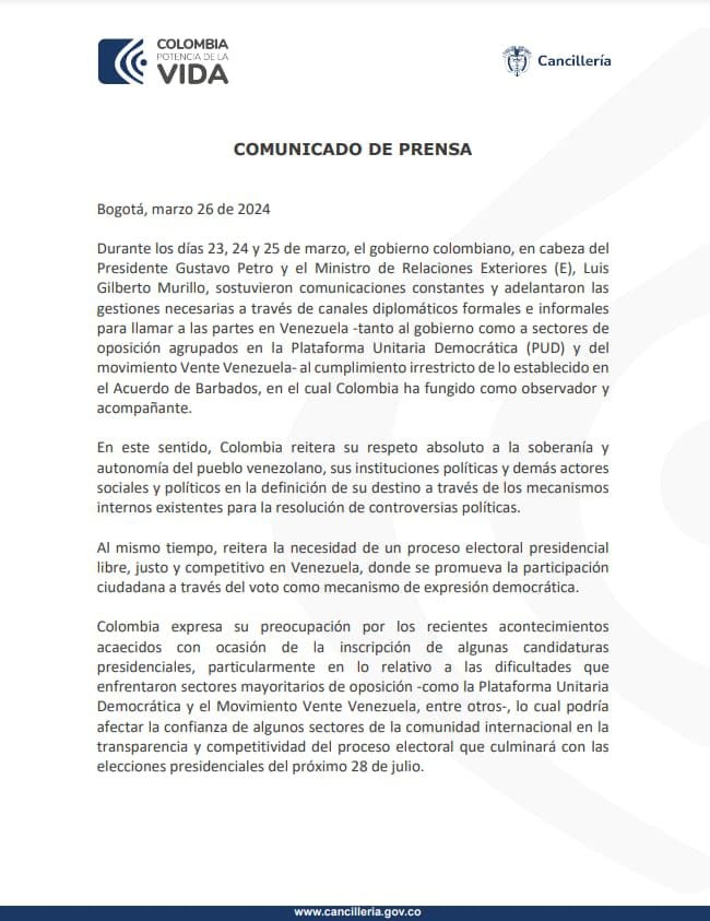 Este fue el comunicado en el que la Cancillería de Colombia se pronunció sobre las elecciones de Venezuela.