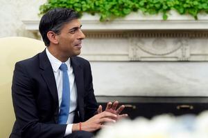 British Prime Minister Rishi Sunak speaks as he meets with President Joe Biden in the Oval Office of the White House in Washington, Thursday, June 8, 2023. (AP Photo/Susan Walsh)
