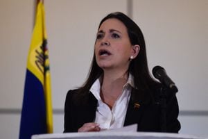 (FILES) Venezuelan opposition ex-congresswoman Maria Corina Machado delivers a press conference in Caracas on June 29, 2018. The pre-candidate for the presidential elections scheduled for 2024 in Venezuela, Maria Corina Machado, of the most radical wing of the opposition, was disqualified from holding public office for 15 years, according to a document from the pro-government Comptroller General's Office released on June 30, 2023. (Photo by Federico PARRA / AFP)