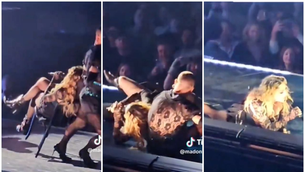 La cantante Madonna sufrió una dura caída en pleno concierto y el video se viralizó en redes sociales.