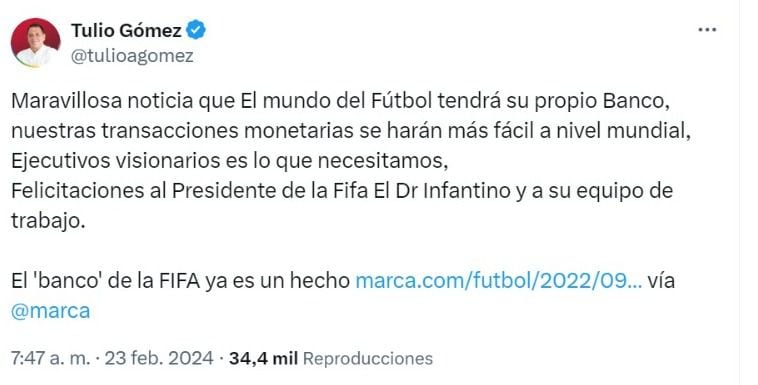Pronunciamiento de Tulio Gómez hacia la FIFA.