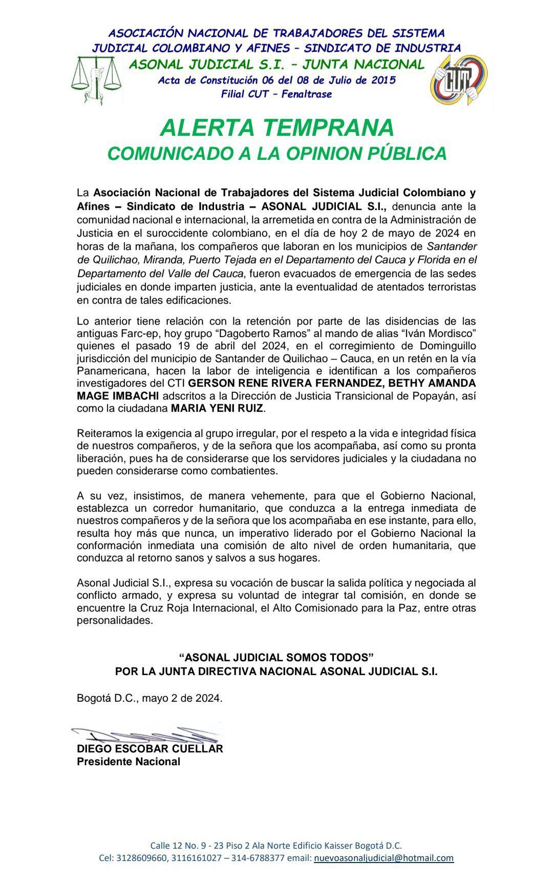 Esta es la carta con la que Asonal Judicial denunció las intimidaciones y posibles atentados en el Cauca y el Valle.