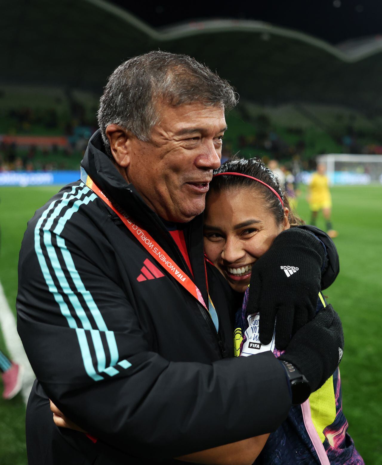 MELBOURNE, AUSTRALIA - AUGUST 08: Leicy Santos of Colombia is congratulated by head coach Nelson Abadia after the team's 1-0 victory and advance to the quarter final following the FIFA Women's World Cup Australia & New Zealand 2023 Round of 16 match between Colombia and Jamaica at Melbourne Rectangular Stadium on August 08, 2023 in Melbourne / Naarm, Australia. (Photo by Alex Pantling - FIFA/FIFA via Getty Images)
