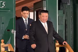 In this photo taken from video released by governor of the Russian far eastern region of Primorsky Krai Oleg Kozhemyako telegram channel on Tuesday, Sept. 12, 2023, North Korea's leader Kim Jong Un, right, steps down from his train after crossing the border to Russia at Khasan, about 127 km (79 miles) south of Vladivostok. North Korea's Kim Jong Un rolled into Russia on an armored train to see President Vladimir Putin. (Governor of the Russian far eastern region of Primorsky Krai Oleg Kozhemyako telegram channel via AP)