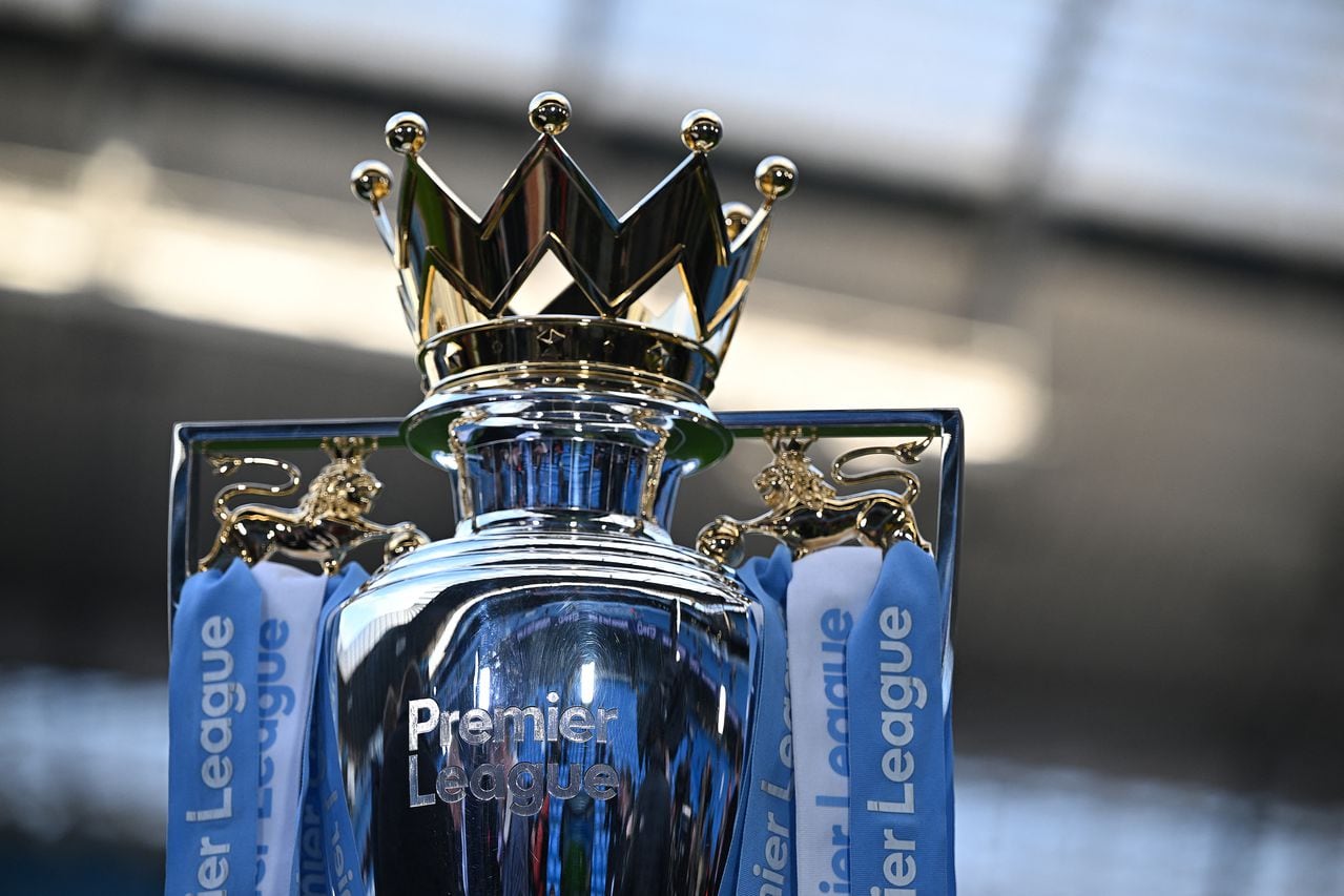The Premier League trophy is pictured ahead of the English Premier League football match between Manchester City and Arsenal at the Etihad Stadium in Manchester, north west England, on April 26, 2023. (Photo by Oli SCARFF / AFP) / RESTRICTED TO EDITORIAL USE. No use with unauthorized audio, video, data, fixture lists, club/league logos or 'live' services. Online in-match use limited to 120 images. An additional 40 images may be used in extra time. No video emulation. Social media in-match use limited to 120 images. An additional 40 images may be used in extra time. No use in betting publications, games or single club/league/player publications. /