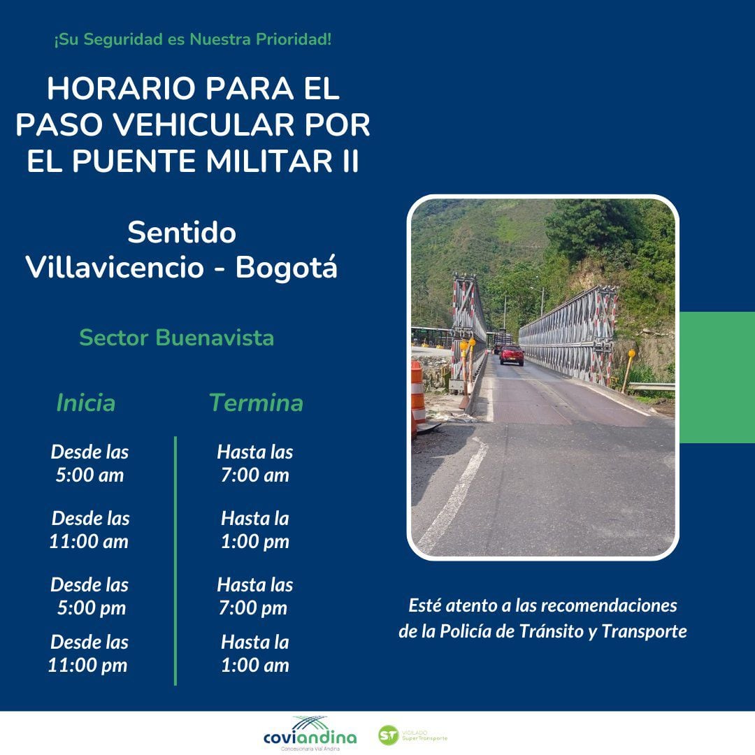 Paso vehicular por el puente militar II en sentido Villavicencio a Bogotá. CoviandinaSAS encargada de la administración, operación y mantenimiento de la Vía Bogotá-Villavicencio.