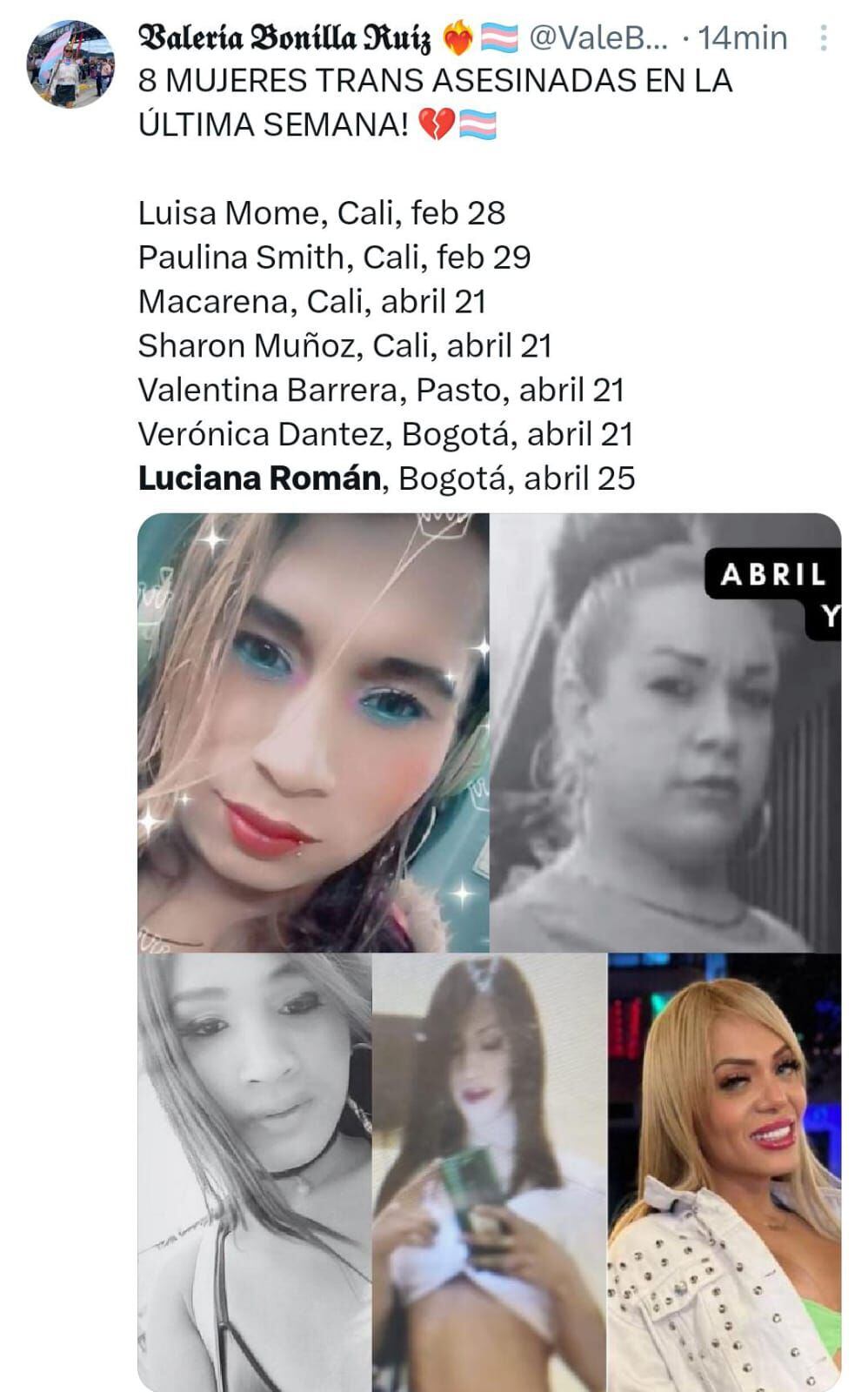 Estas son algunas de las mujeres trans que ha sido asesinadas en Colombia en lo corrido del 2024.