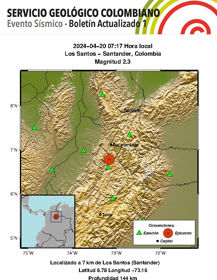 Boletín del temblor en Los Santos - Santander. 20 de abril 2024.