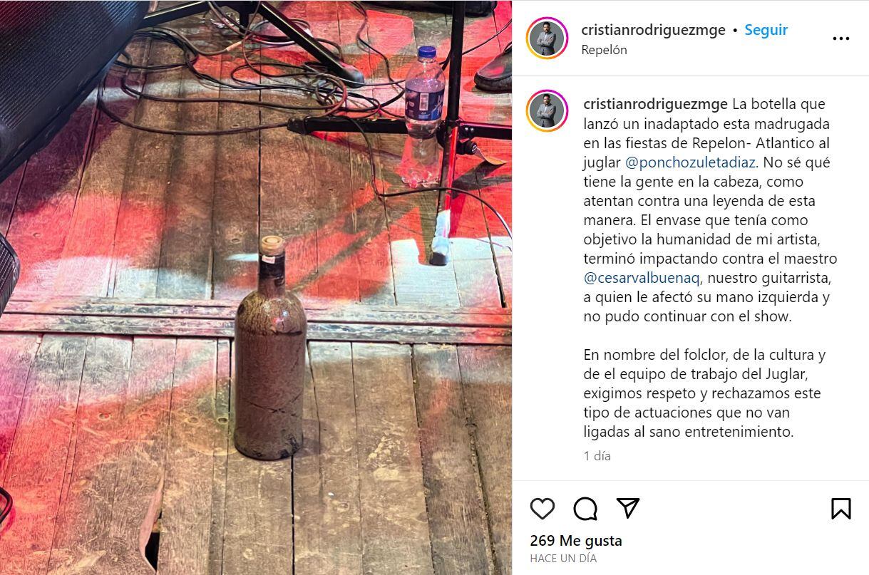Mánager de 'Poncho' Zuleta compartió en Instagram la foto de la botella que le lanzaron al artista en medio de un concierto.