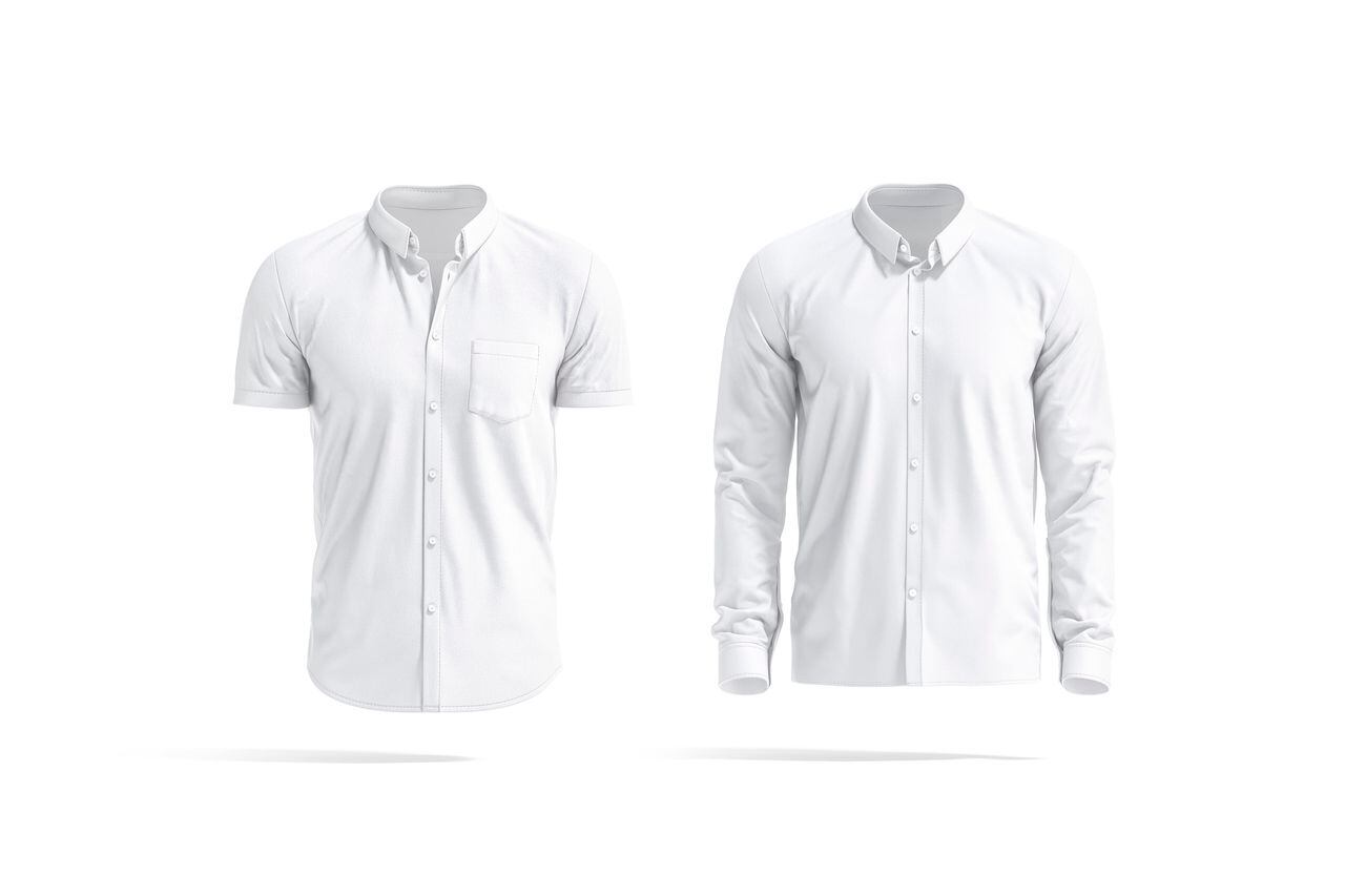 Blank white short and long sleeve men shirt mockup, isolated, 3d rendering. Empty classic male blouse mock up, front view. Clear slim jersey cotton wear for businessman template.