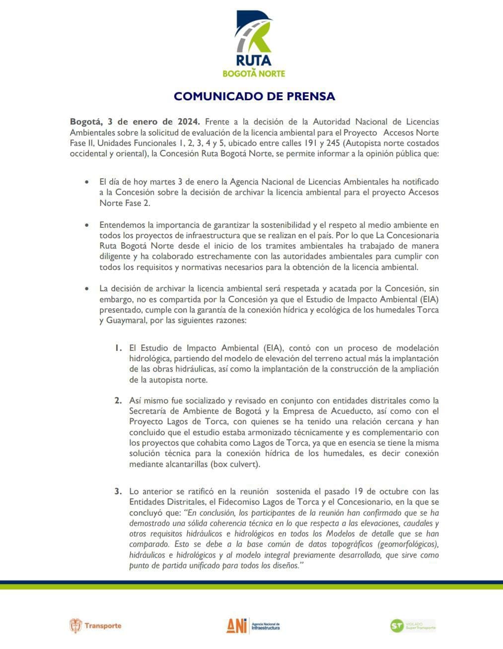 Estas son las razones que la Concesión Bogotá Norte expresaron ante la decisión de la Anla.