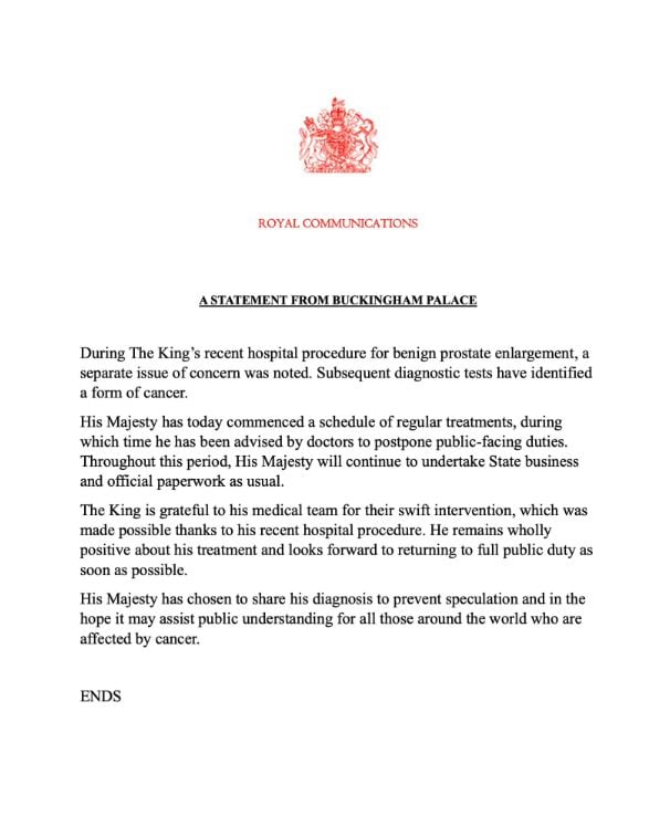 El Rey Carlos III diagnosticado de cáncer, según informó el Palacio de Buckingham por medio de un comunicado.
