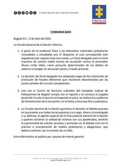 Este es el comunicado emitido por la Fiscalía, sobre el llamado a juicio del expresidente Álvaro Uribe.