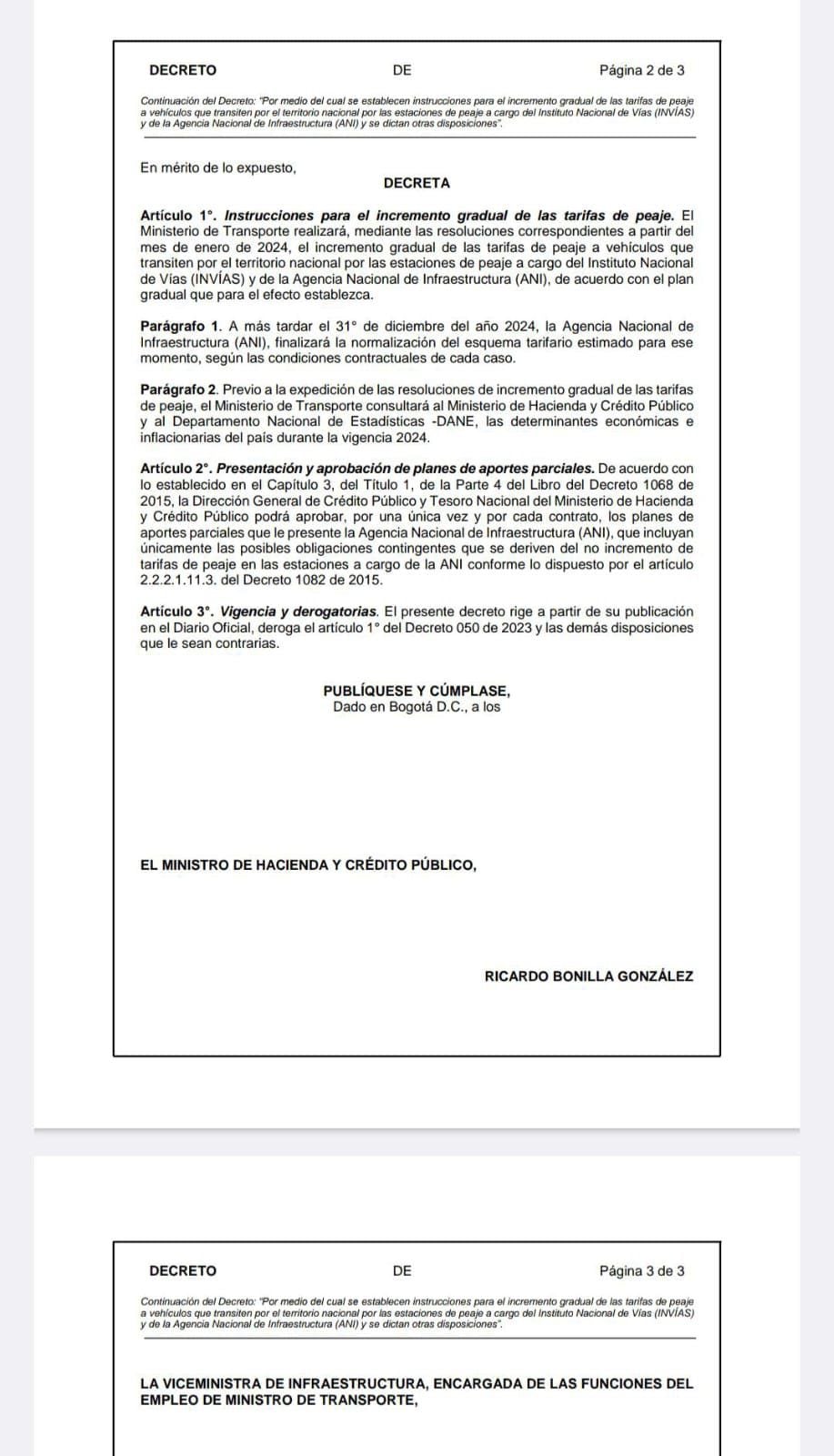 Este es el documento borrador del decreto de aumento en las tarifas de peajes, dado a conocer por el Gobierno a inicios del presente mes.