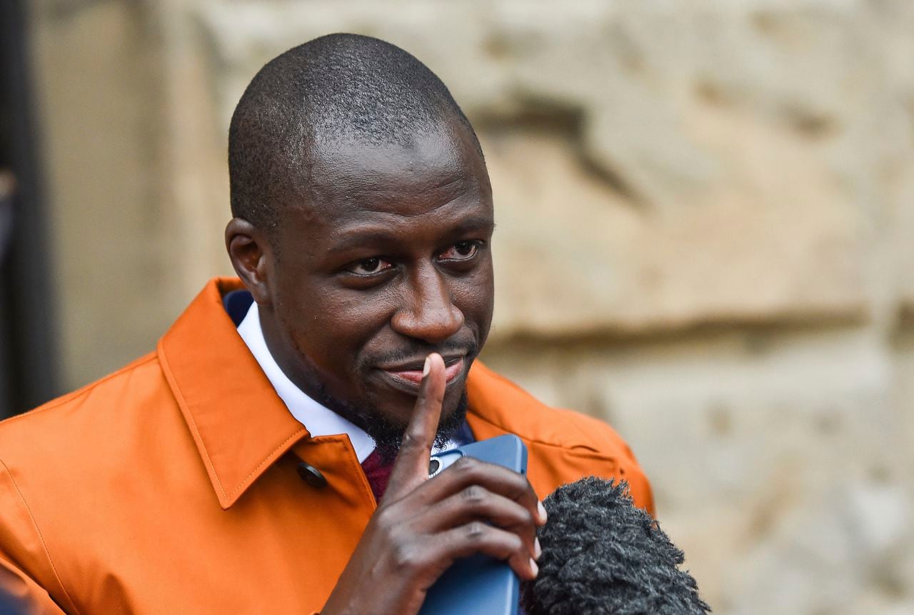 Former Manchester City footballer Benjamin Mendy, walks outside Chester Crown Court, where he is appeared accused of rape and attempted rape, in Chester, England, Friday July 14, 2023. (Peter Powell/PA via AP)