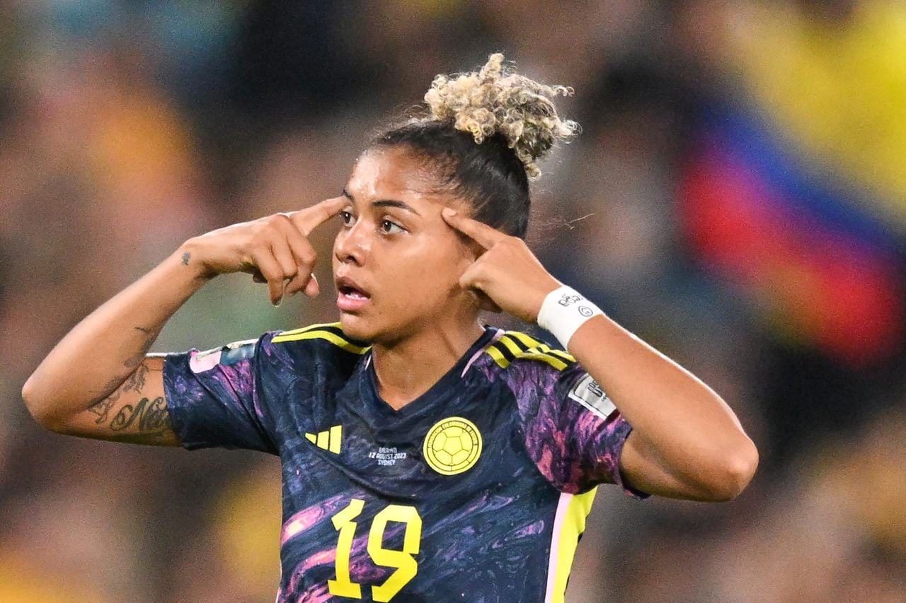 Colombia's midfielder #19 Jorelyn Carabali celebrates her team's first goal during the Australia and New Zealand 2023 Women's World Cup quarter-final football match between Colombia and England at Stadium Australia in Sydney on August 12, 2023. (Photo by Izhar KHAN / AFP)