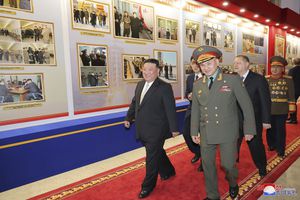 In this photo provided by the North Korean government, North Korean leader Kim Jong Un, front left, and Russian Defense Minister Sergei Shoigu, front right, visit an arms exhibition in Pyongyang, North Korea Wednesday, July 26, 2023. Independent journalists were not given access to cover the event depicted in this image distributed by the North Korean government. The content of this image is as provided and cannot be independently verified. Korean language watermark on image as provided by source reads: "KCNA" which is the abbreviation for Korean Central News Agency. (Korean Central News Agency/Korea News Service via AP)
