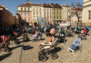 En esta imagen tomada el 18 de marzo de 2022, se ven 109 cochecitos y cestas de bebé vacíos colocados fuera del ayuntamiento de Lviv durante una acción para resaltar la cantidad de niños asesinados en la actual invasión rusa de Ucrania.