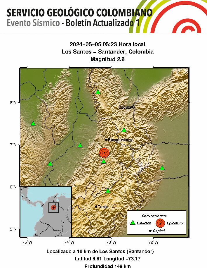 Boletín del temblor en Los Santos - Santander / 5 de mayo 2024.