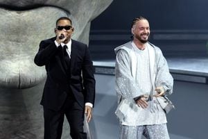 INDIO, CALIFORNIA - APRIL 14: (FOR EDITORIAL USE ONLY) (L-R) Will Smith and J Balvin perform at the Coachella Stage during the 2024 Coachella Valley Music and Arts Festival at Empire Polo Club on April 14, 2024 in Indio, California.   Arturo Holmes/Getty Images for Coachella/AFP (Photo by Arturo Holmes / GETTY IMAGES NORTH AMERICA / Getty Images via AFP)