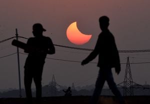 La gente juega en el suelo durante un eclipse solar parcial en Bhopal, capital del estado indio de Madhya Pradesh, el 25 de octubre de 2022.