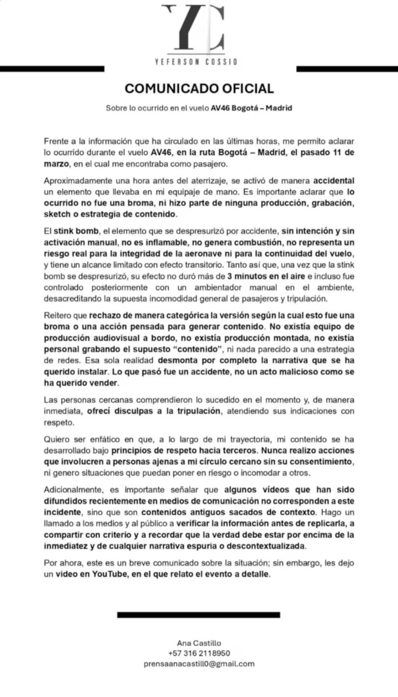 Comunicado oficial emitido por el equipo de Yeferson Cossio