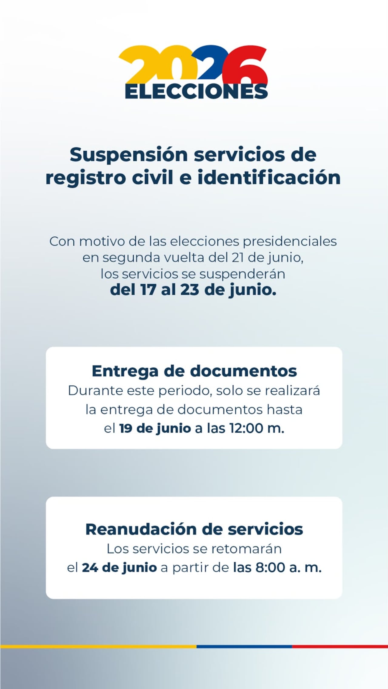 Registraduría suspende servicios de registro civil e identificación con motivo de la segunda vuelta para elecciones presidenciales.