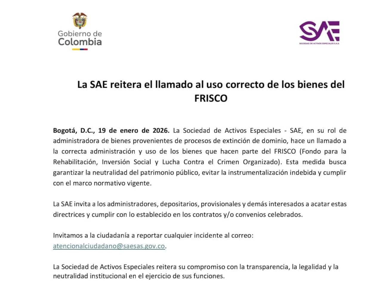 Comunicado de la SAE.
