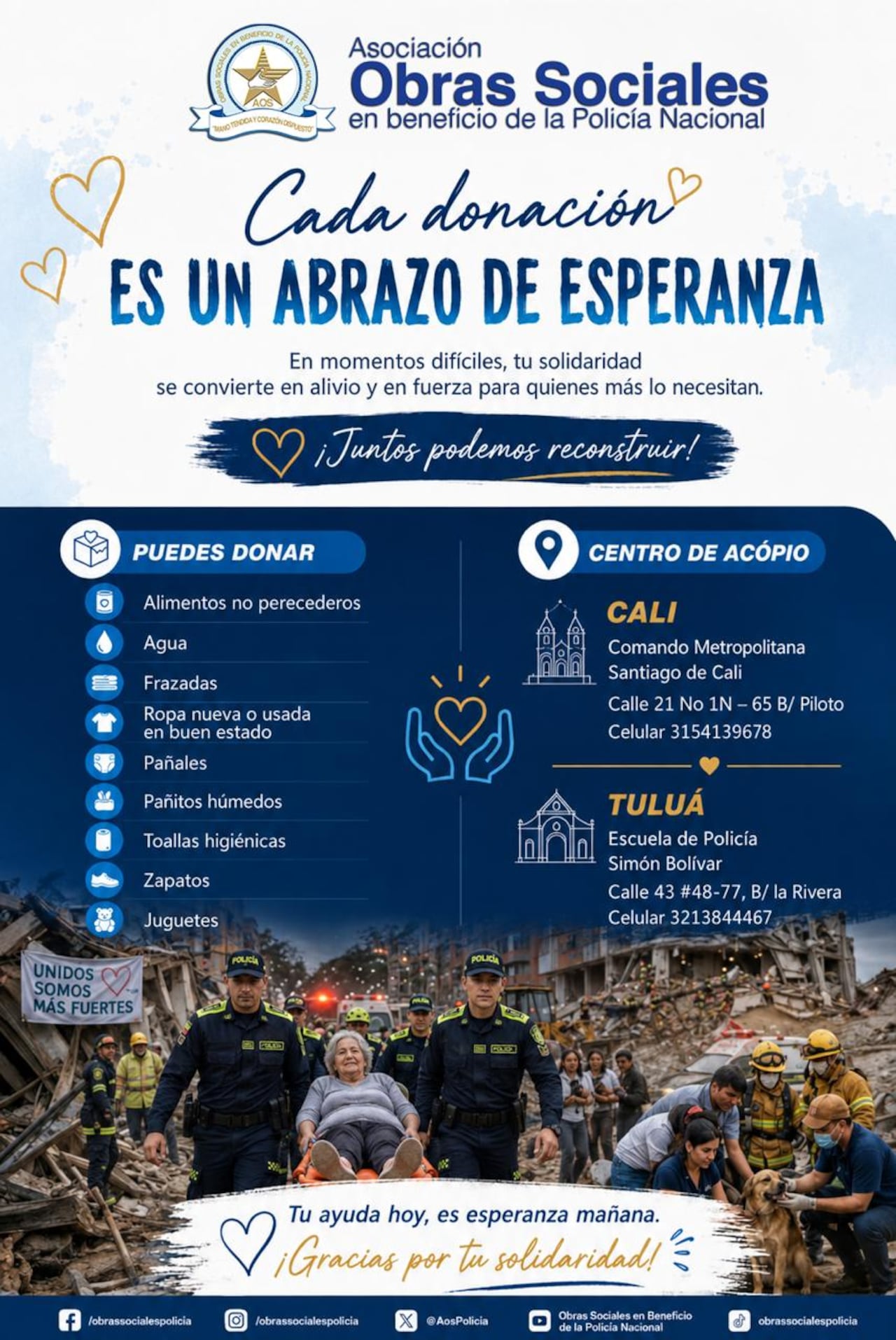 Donaciones de insumos para policías que han estado ayudando a las comunidades afectadas por el terremoto en Colombia.