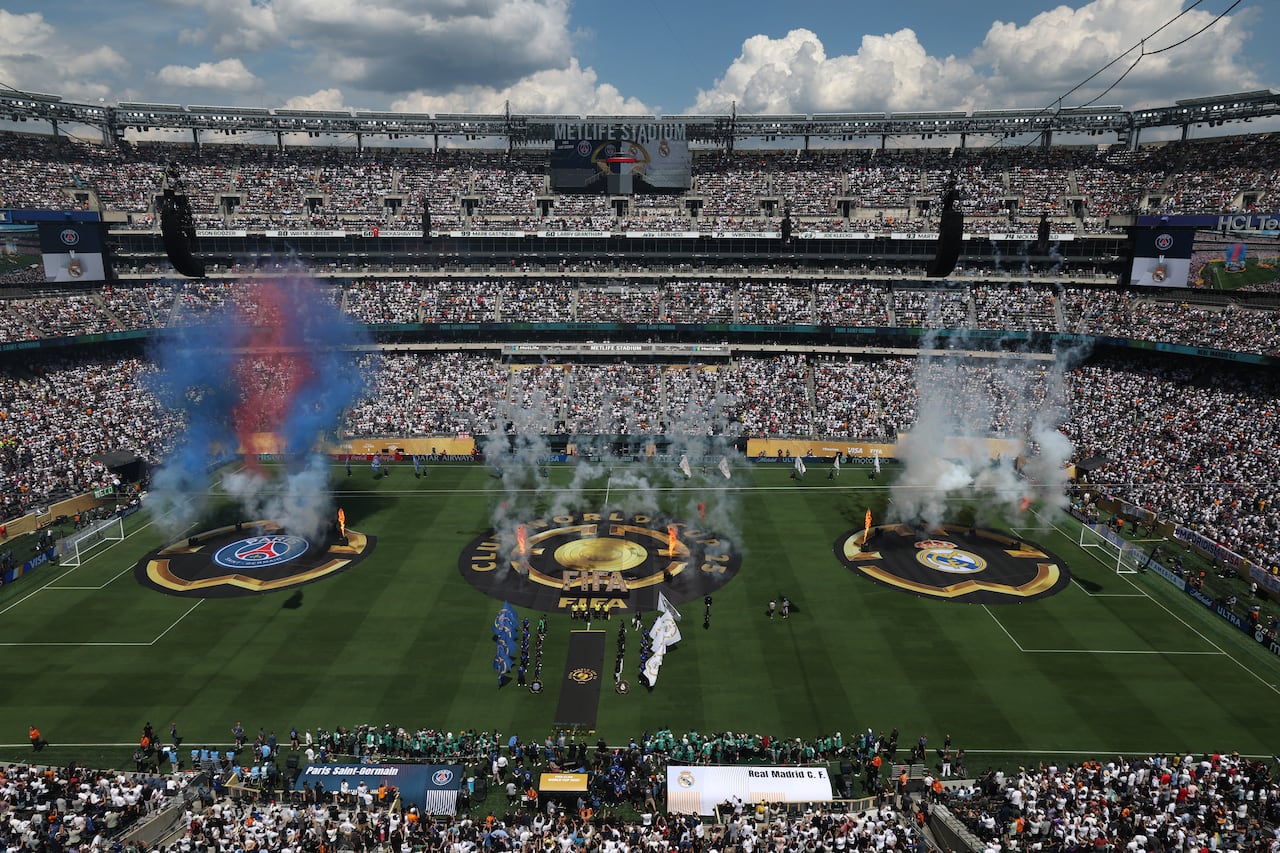 Fireworks go off ahead of the FIFA Club World Cup 2025 semifinal football match between France's Paris Saint-Germain and Spain's Real Madrid at MetLife stadium in East Rutherford, New Jersey on July 9, 2025. (Photo by TIMOTHY A. CLARY / AFP)