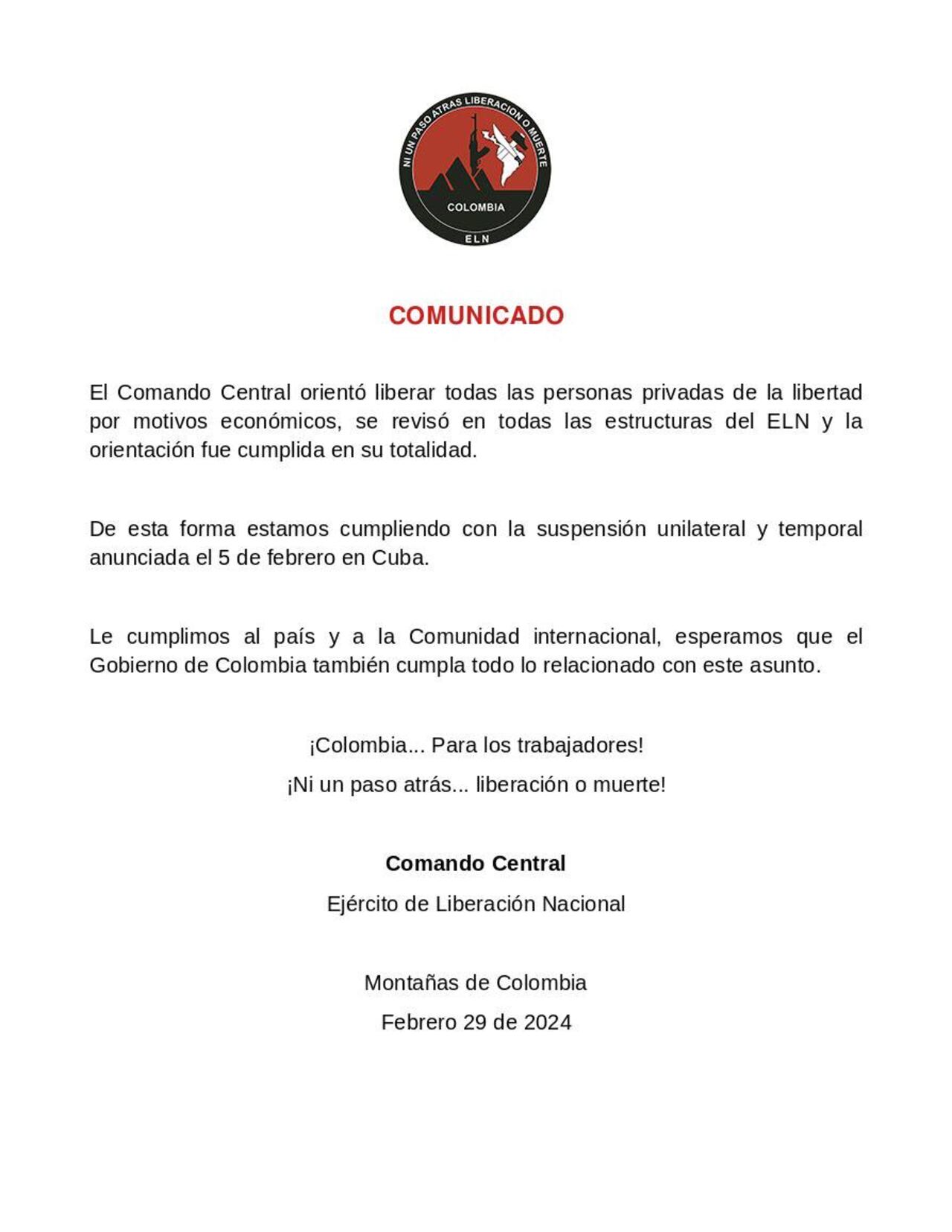 Este es el comunicado con el que el ELN anuncia la noticia.