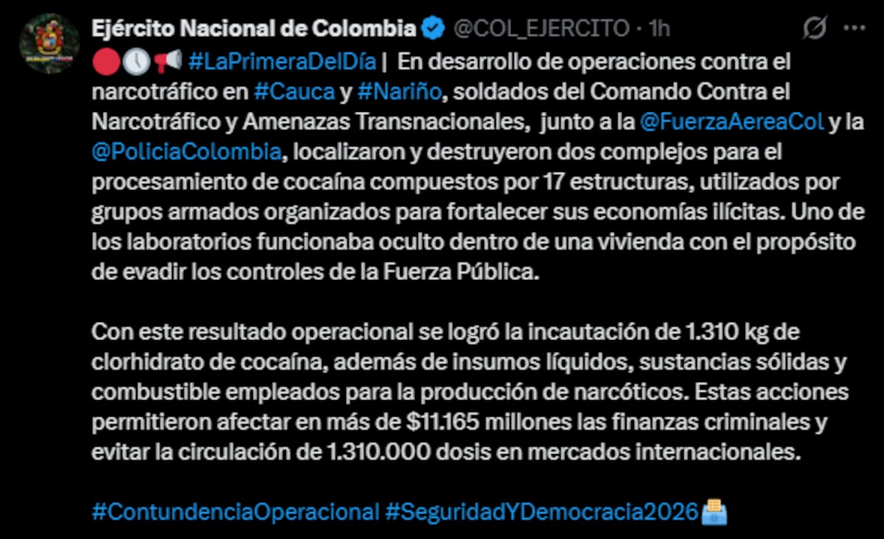 El Ejército Nacional de Colombia, en coordinación con la Fuerza Aérea y la Policía, propinó un golpe multimillonario a las finanzas de organizaciones criminales..