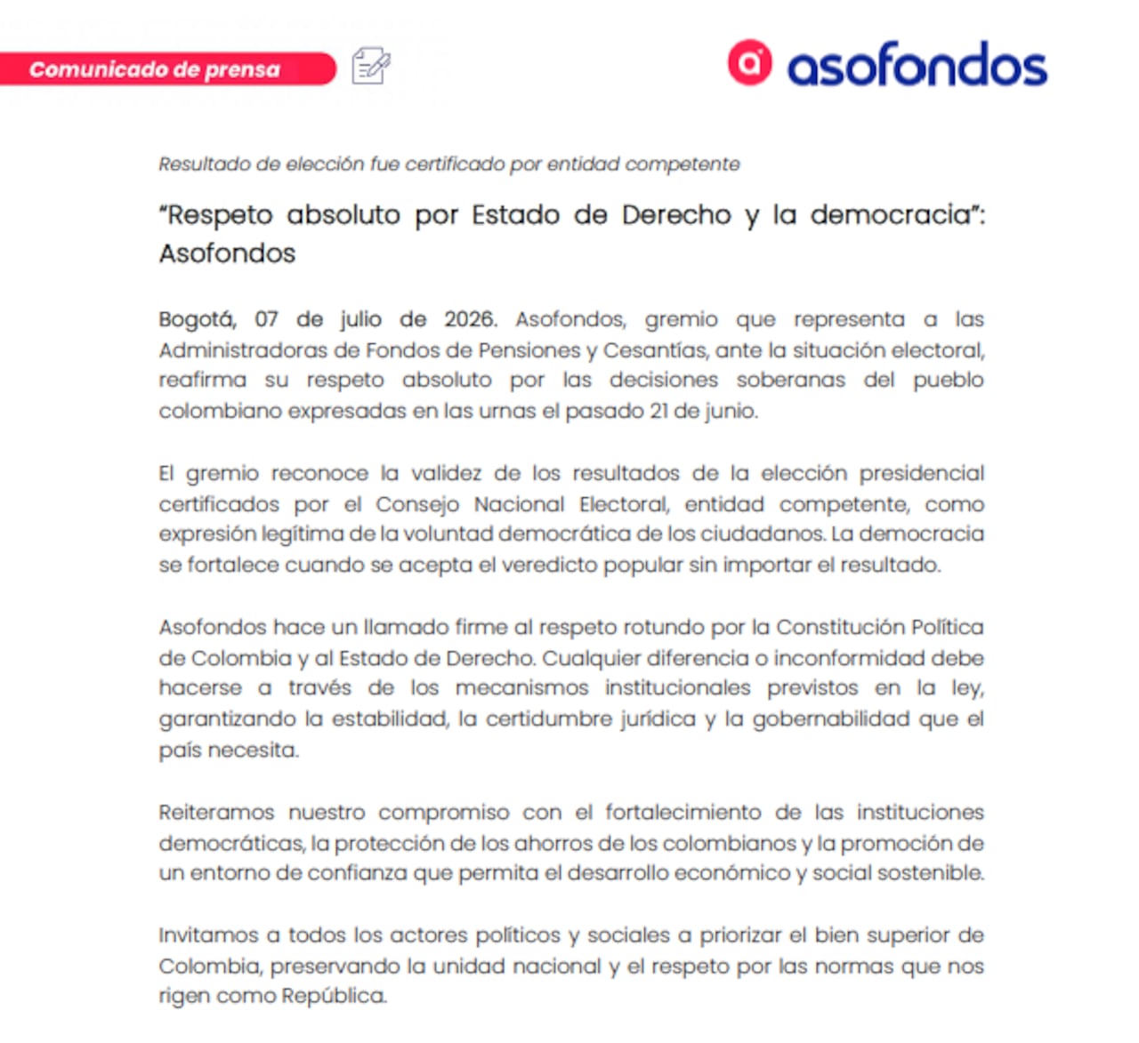 Asofondos respaldó resultados electorales que dan a Abelardo de la Espriella como el próximo presidente de Colombia.
