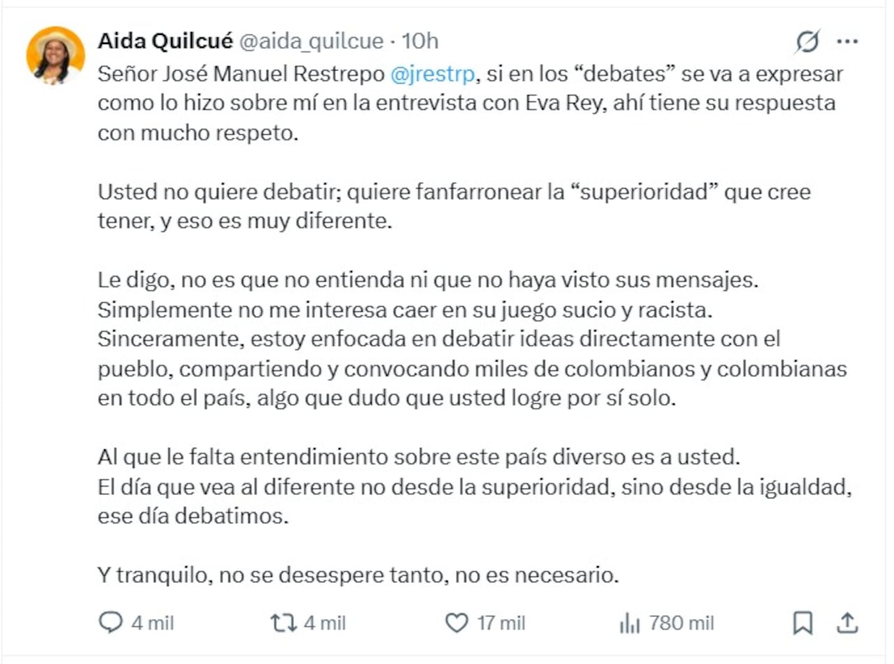 José Manuel Restrepo y Aida Quilcué protagonizan choque en redes sociales por falta de debate presidencial.