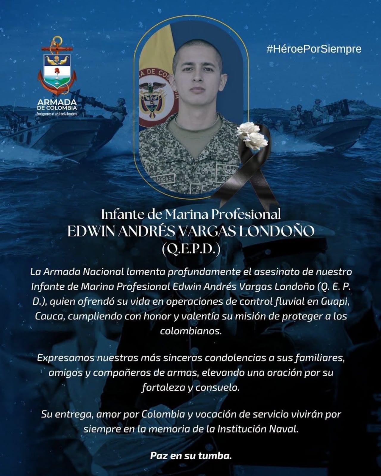 Edwin Andrés Vargas Londoño, infante de Marina de la Armada Nacional, murió durante un ataque con explosivos en zona rural de Guapi, Cauca.