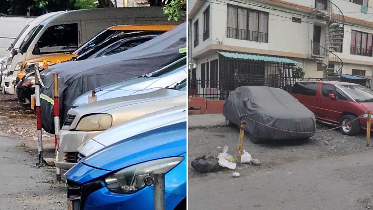 En la Calle 63, entre Carreras 12 y 13 del barrio La Nueva Base, se observan palos, cadenas y estructuras metálicas instaladas sobre la vía pública para reservar parqueaderos.