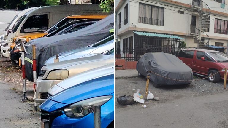 En la Calle 63, entre Carreras 12 y 13 del barrio La Nueva Base, se observan palos, cadenas y estructuras metálicas instaladas sobre la vía pública para reservar parqueaderos.