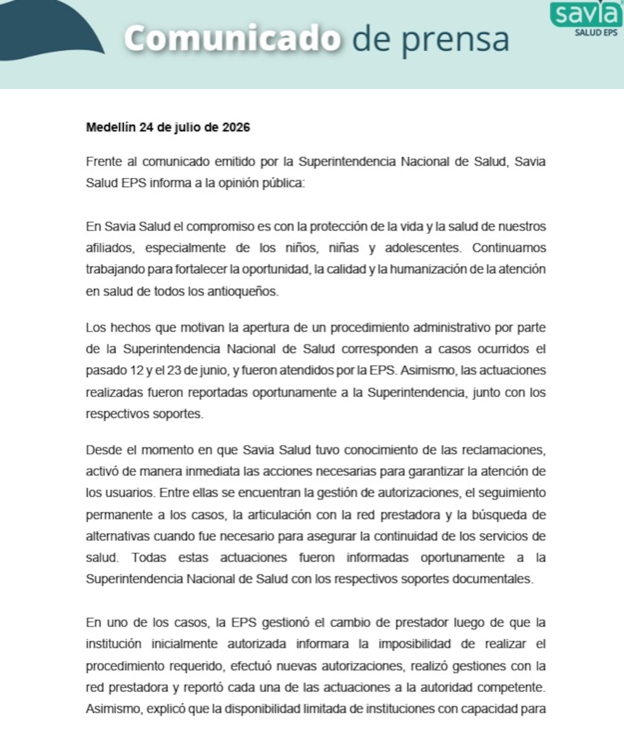 EPS Savia Salud defiende su actuación frente a proceso abierto por la Supersalud