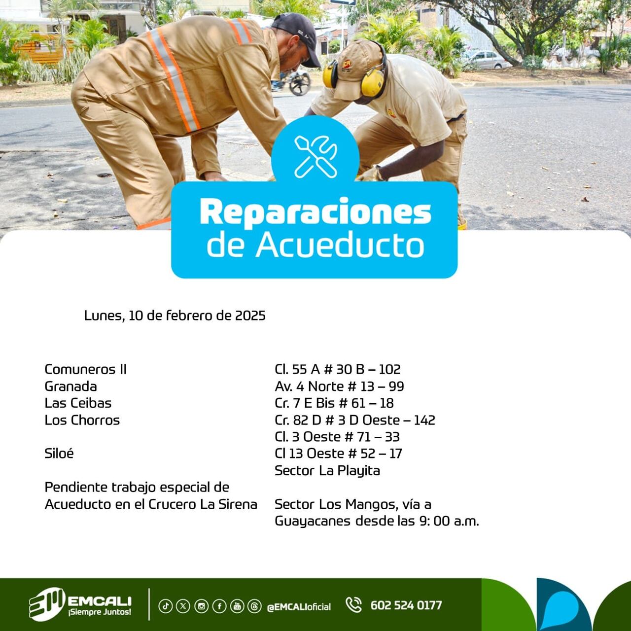 Reparaciones de acueducto en Cali para este lunes, 10 de febrero.