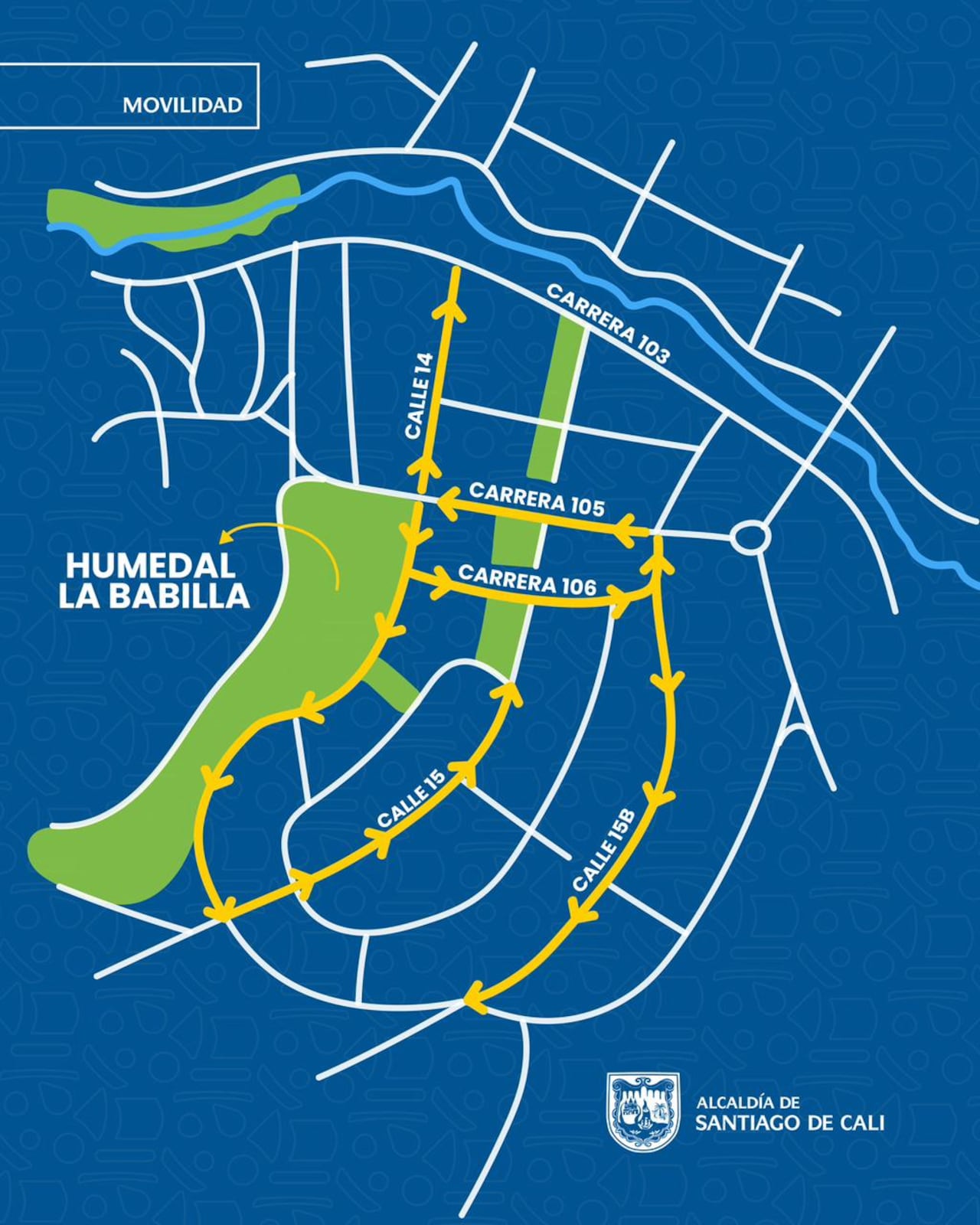 Mapa del cambio vial en el barrio Ciudad Jardín del sur de Cali.