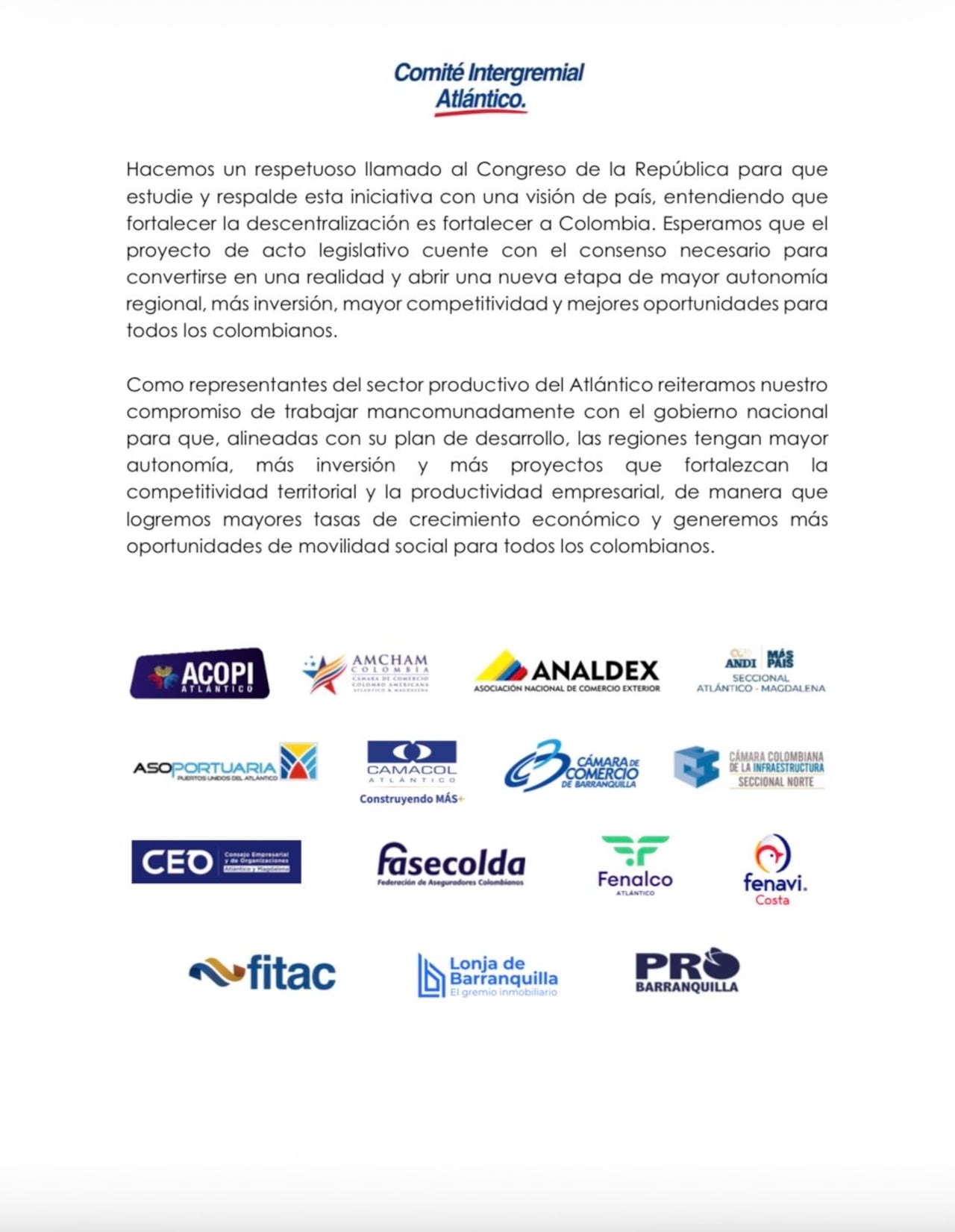 Los gremios del Atlántico respaldan decisión del presidente electo de declarar a Barranquilla como capital alterna de Colombia.