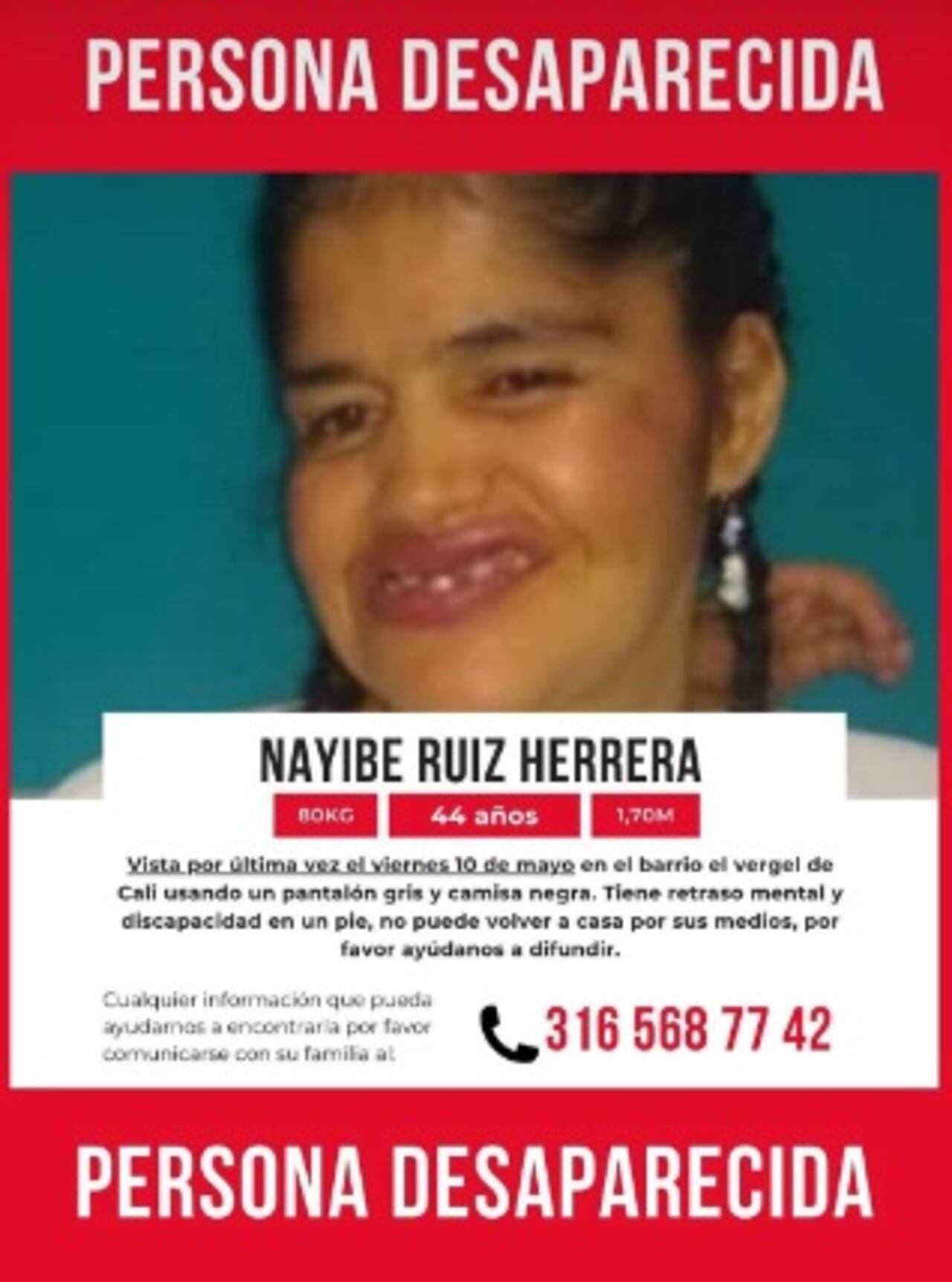 Nayibe Ruiz, de 44 años, se encuentra desaparecida en Cali