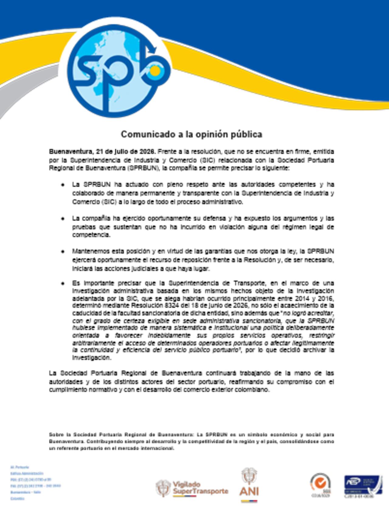 Comunicado Sociedad Portuaria de Buenaventura